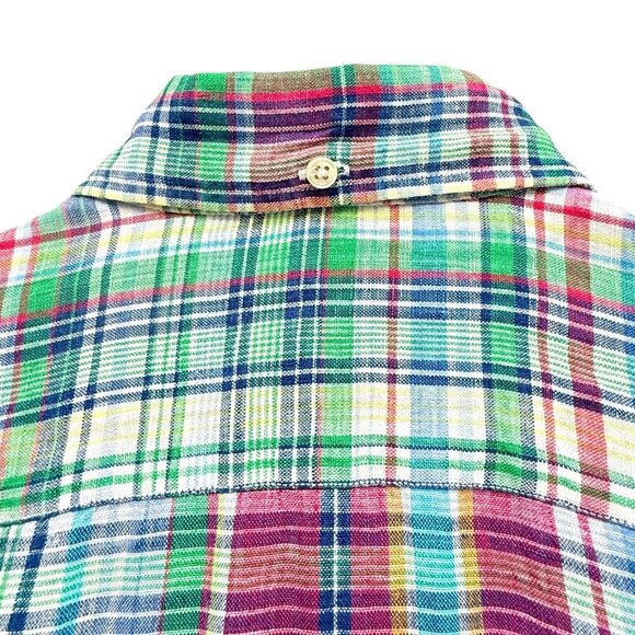 RALPH LAUREN Sport Linen Shirt Size 4 Womens Pink Green Plaid Long Sleeve Button - Picture 9 of 10